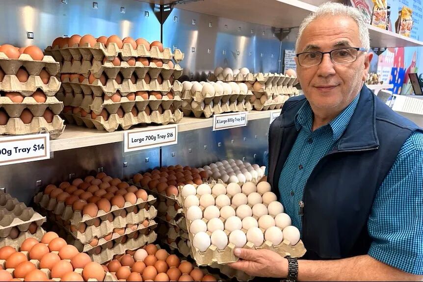 An older man holds a carton of eggs next to a shelf laden with eggs.