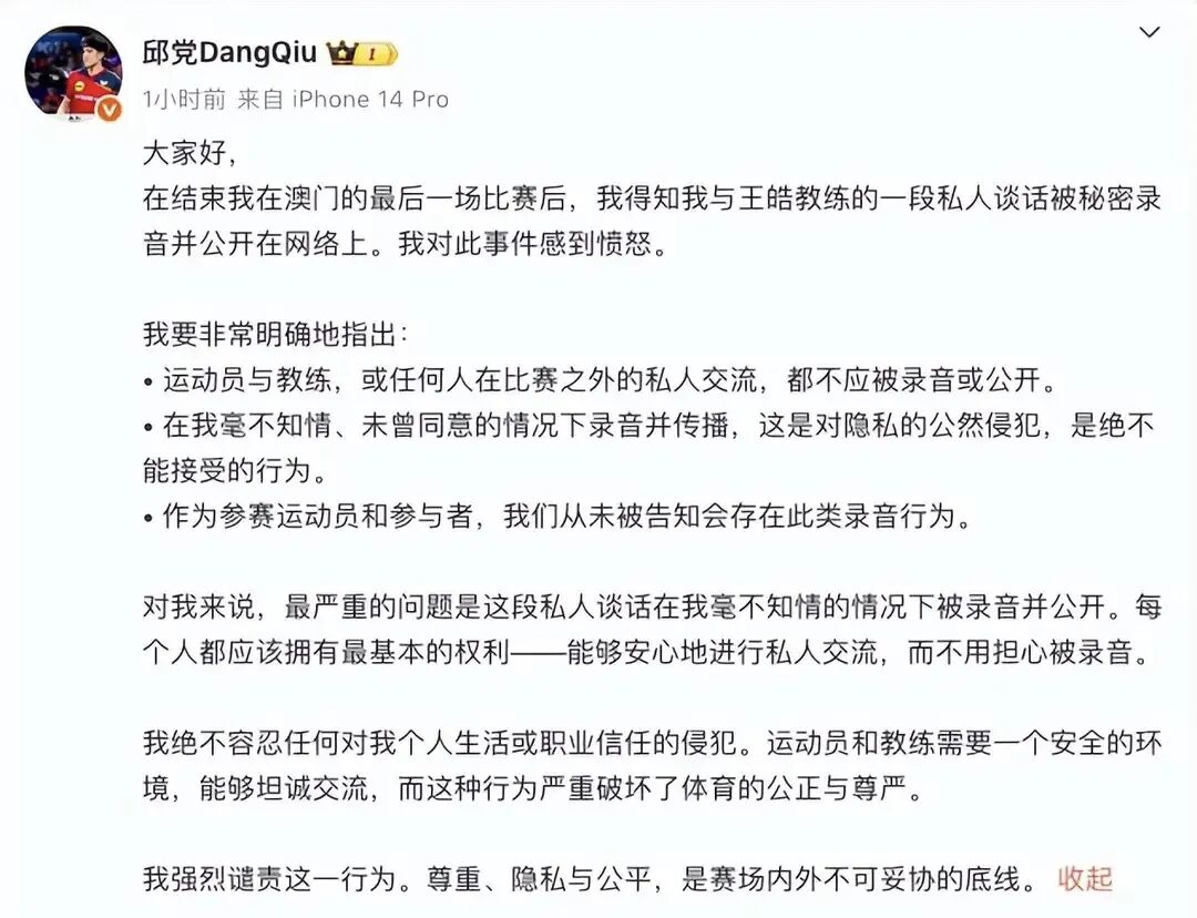 德乒名将邱党回应与王皓私聊被曝光