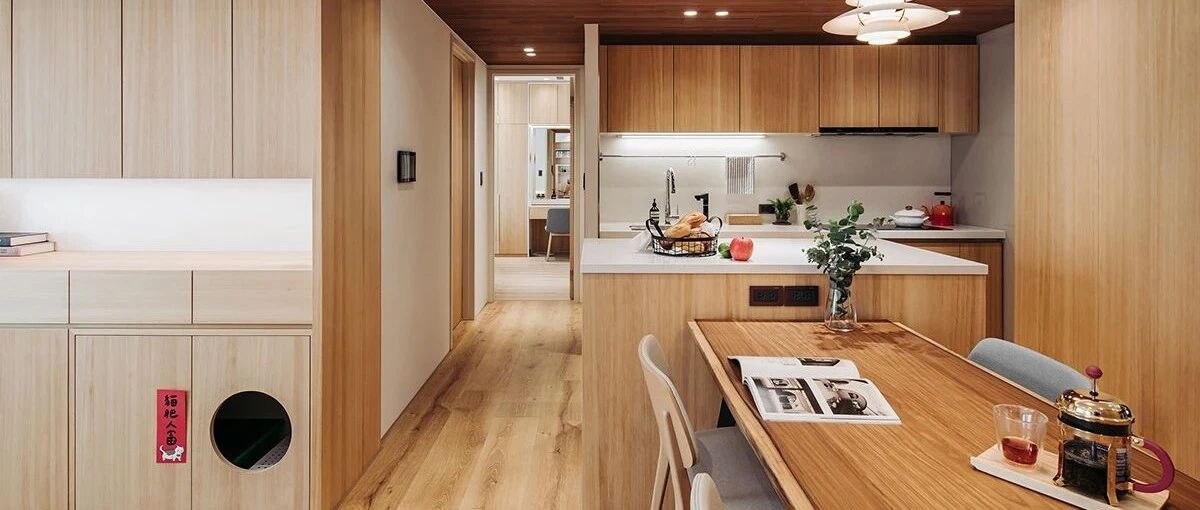 99㎡住两人一猫，LDK、书墙、超薄电视墙...打造“原木风”的家！