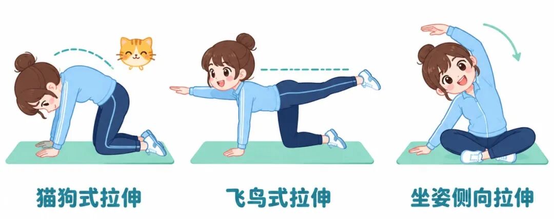 横版科普示意图_猫狗飞鸟坐姿拉伸_卡通手绘白底.jpg