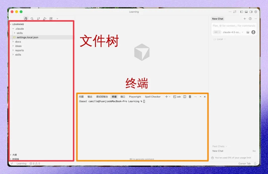 Cursor 编辑器界面截图，展示代码编辑区 + AI 对话侧边栏 + Agent 模式按钮