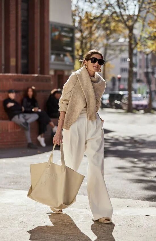 针织衫阔腿裤气质穿搭
