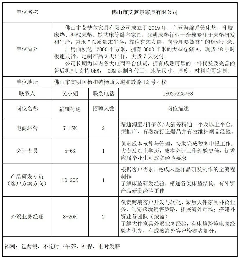 佛山市艾梦尔家具有限公司招聘