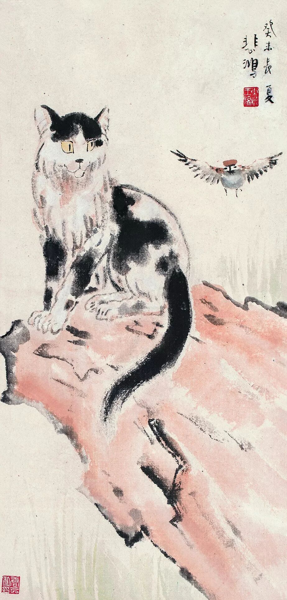 中国古美術 徐悲鴻款 雙猫図三尺画芯 肉筆手描き 動物画 宣紙画芯 証書付 文房 中国古美術 徐悲鴻款 雙猫図三尺画芯 肉筆手描き 動物画 宣紙画