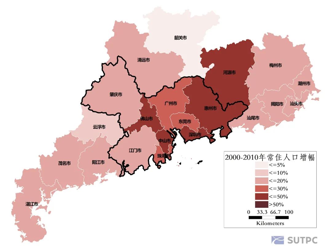 2000-2010年間廣東省各市人口均為正增長,增長集中於珠三角地區.