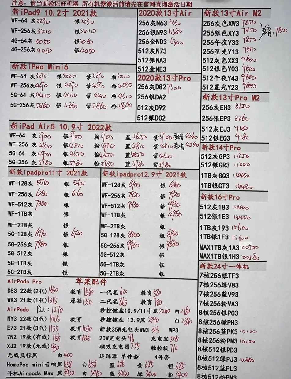 2022苹果全部价格表