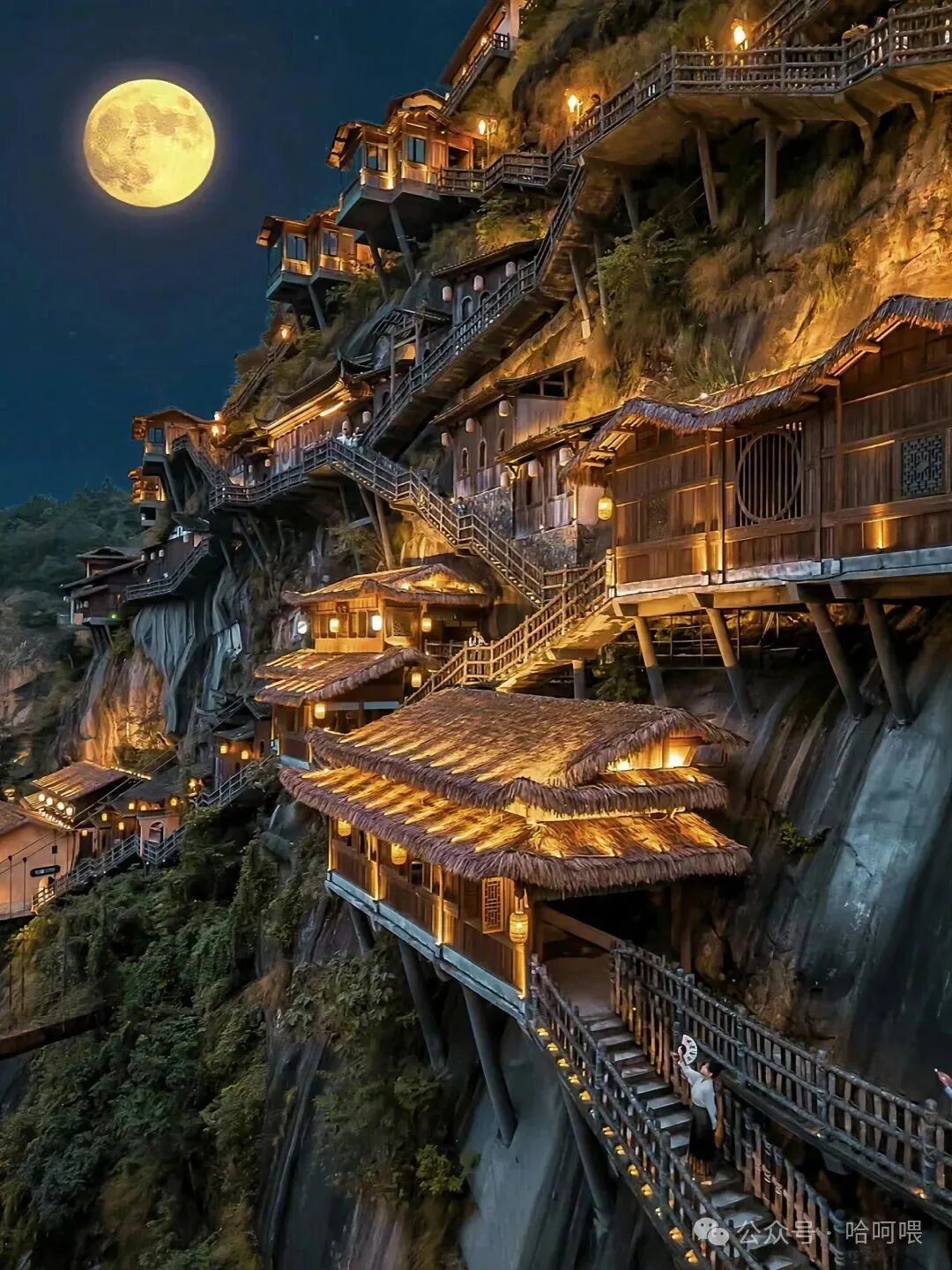 葛仙村夜景, 古建筑群在灯光映照下如梦似幻, 远山朦胧, 星空璀璨, 亲子家庭在观景台欣赏夜景
