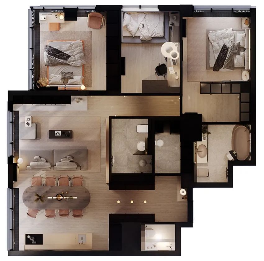 3房设计高级灰+原木公寓，现代禅风怎么看都美！