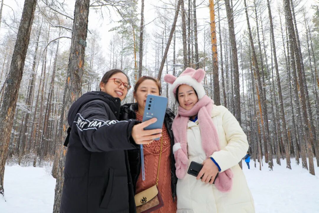 游客在黑龙江大兴安岭打起了雪仗