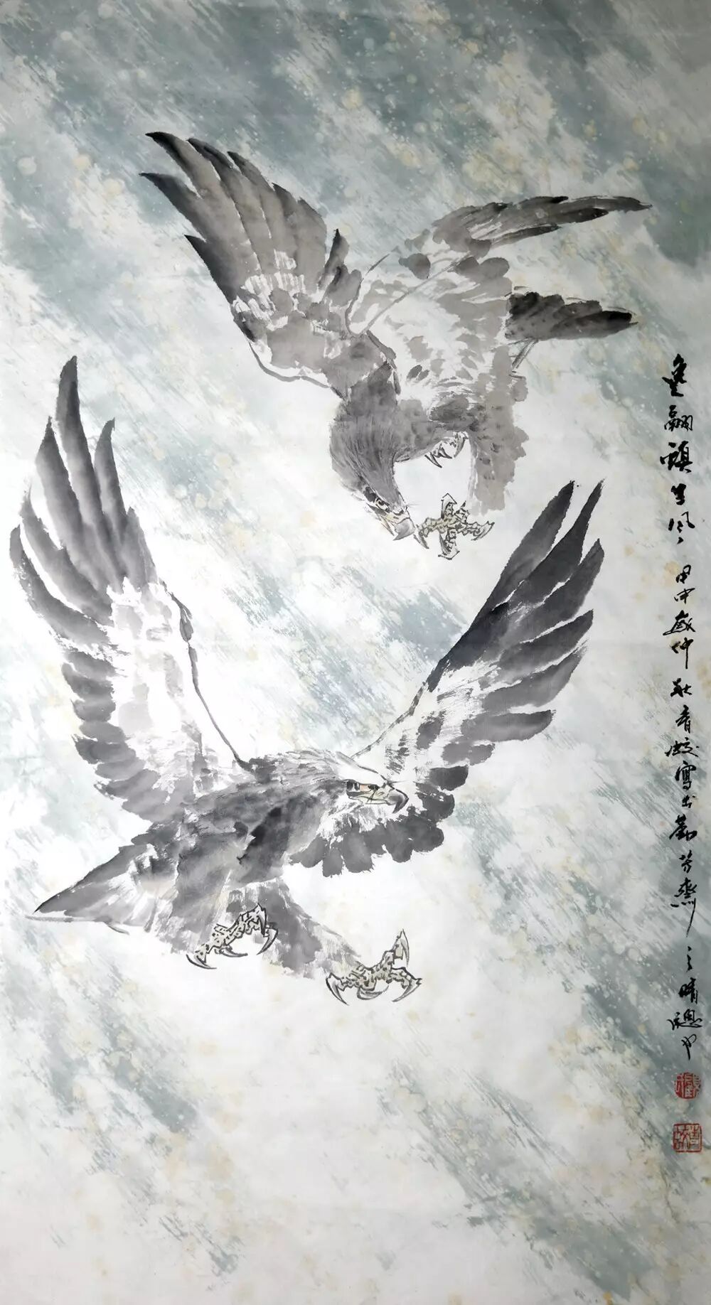 图六   图七《逸翮镇生风》用浓破淡法厾画双鹰,洒矾水于画面,趁湿阔