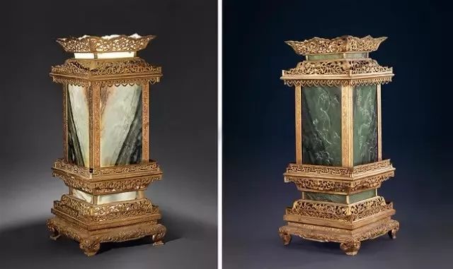 清 铜鎏金錾花卉嵌玉花鸟宫灯