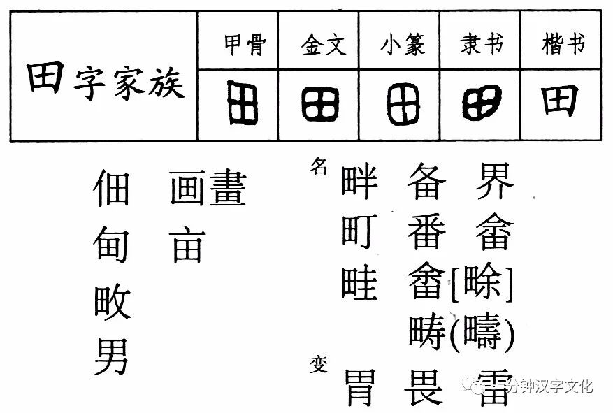 田字 就是一块一块的耕地 一个畦一个畦要耕种的地 那么用 田 字再造的字也是两种 不是管声音 就是管意义 其中管意义的字形中有归类性质的和纯意义的 此外 还有一些字上部分是 田 字 但是跟田地没关系 是其他字演变过来的 一分钟汉字文化