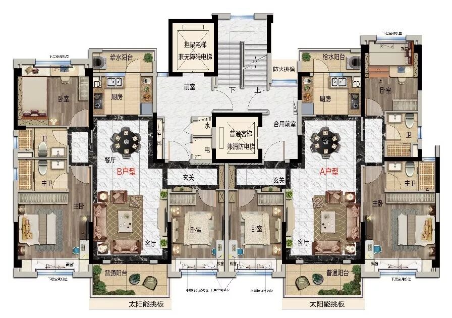约115m 户型间隔:3室2厅2卫 户型点评: 专设 两梯两户,私家电梯入户