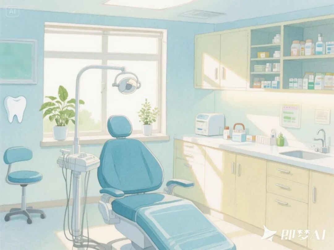 jimeng-2025-07-03-4487-牙科診所，吉卜力風(fēng)格水彩背景，柔和高光，細(xì)膩線條，不要直接出現(xiàn)吉卜力的人物，不要....jpeg