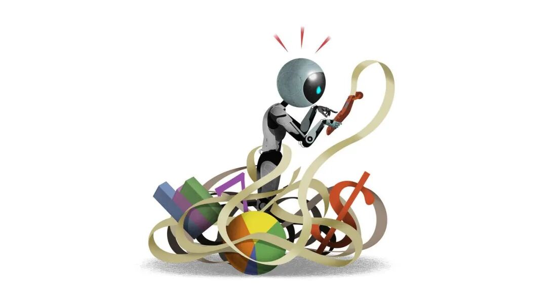 Illustration of a robot struggling to use a calculator with receipts getting tangled up.