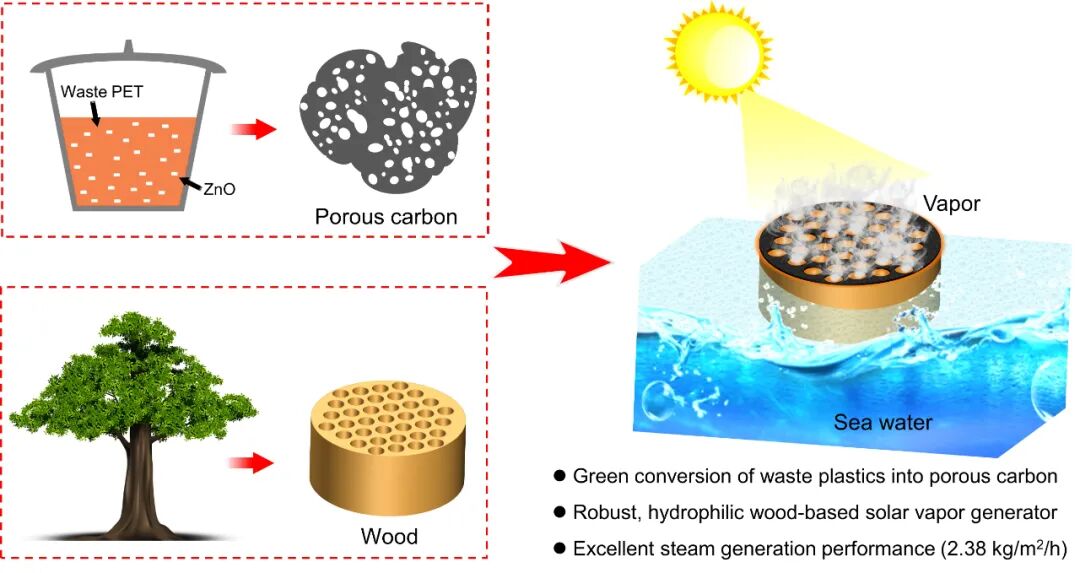 华中大龚江研究员和长春应化所唐涛研究员：废弃聚酯可控碳化构筑双层太阳能界面蒸发器用于光热海水淡化的图1