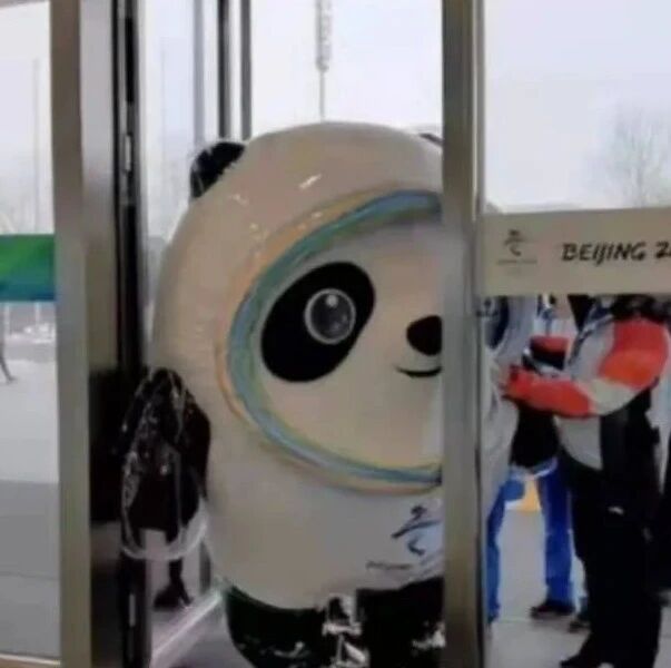 哈哈哈哈哈，冰墩墩被大门卡住了……