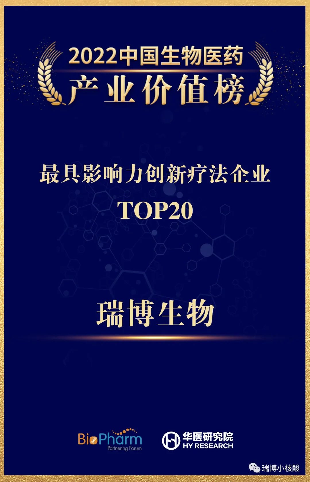 瑞博生物榮登2022中國生物醫藥產業價值榜——最具影響力創新療法企業TOP20