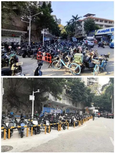 整改前后对比，针对专业市场周边电动自行车停放乱象，重新施划停放区域，设置防撞栏