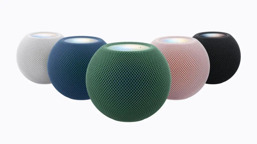 HomePod mini 2 显示为白色、蓝色、绿色、粉色和午夜色。