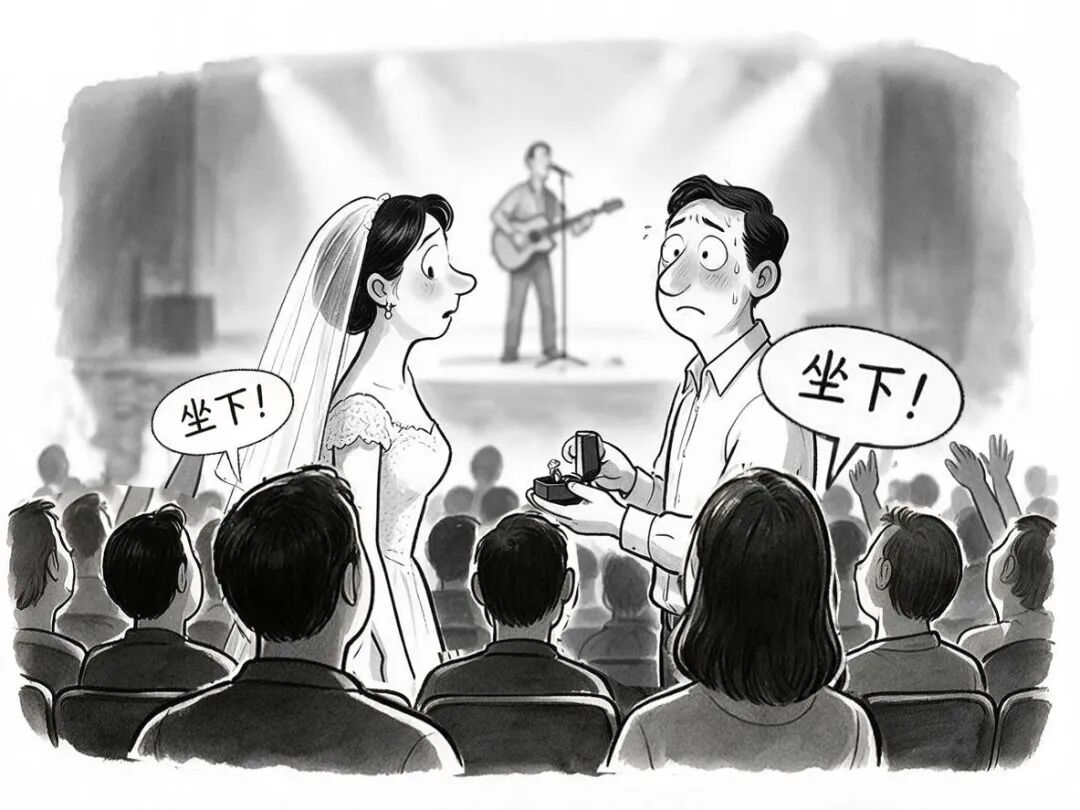 情侣在演唱会现场求婚，被后排观众喊“坐下”。 农健/插画