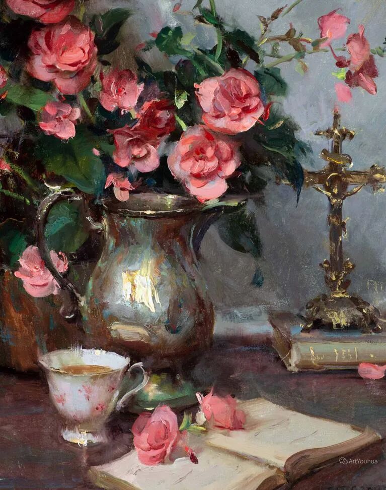 油画美学:丹尼尔的高清花卉油画,放大看笔触纹理! - chrome插件网