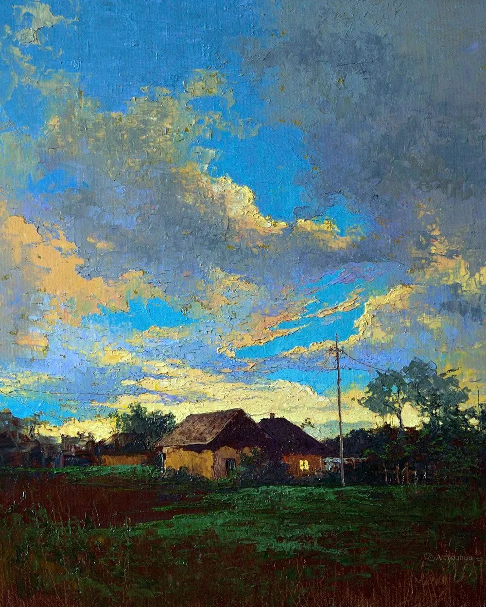 色彩清新的乡村风景油画用笔太精致了