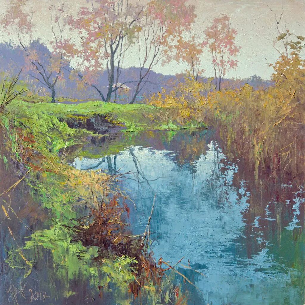 色彩清新的乡村风景油画用笔太精致了