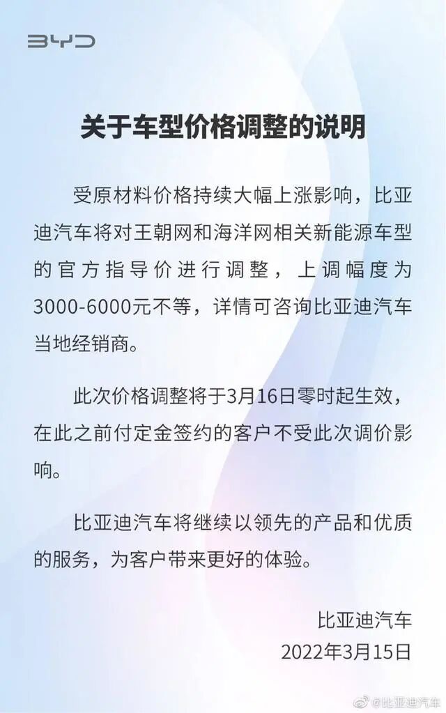 比亞迪再漲價(jià)，上調(diào)幅度3000元-6000元不等的圖1