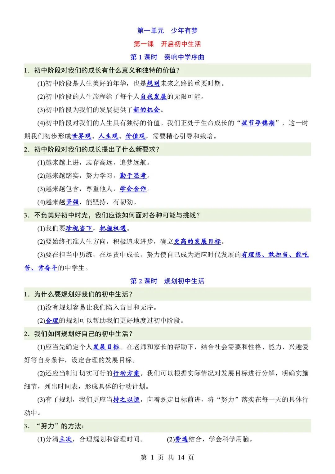 【新版】人教版七年级上册道德与法治：全册重要知识点总结