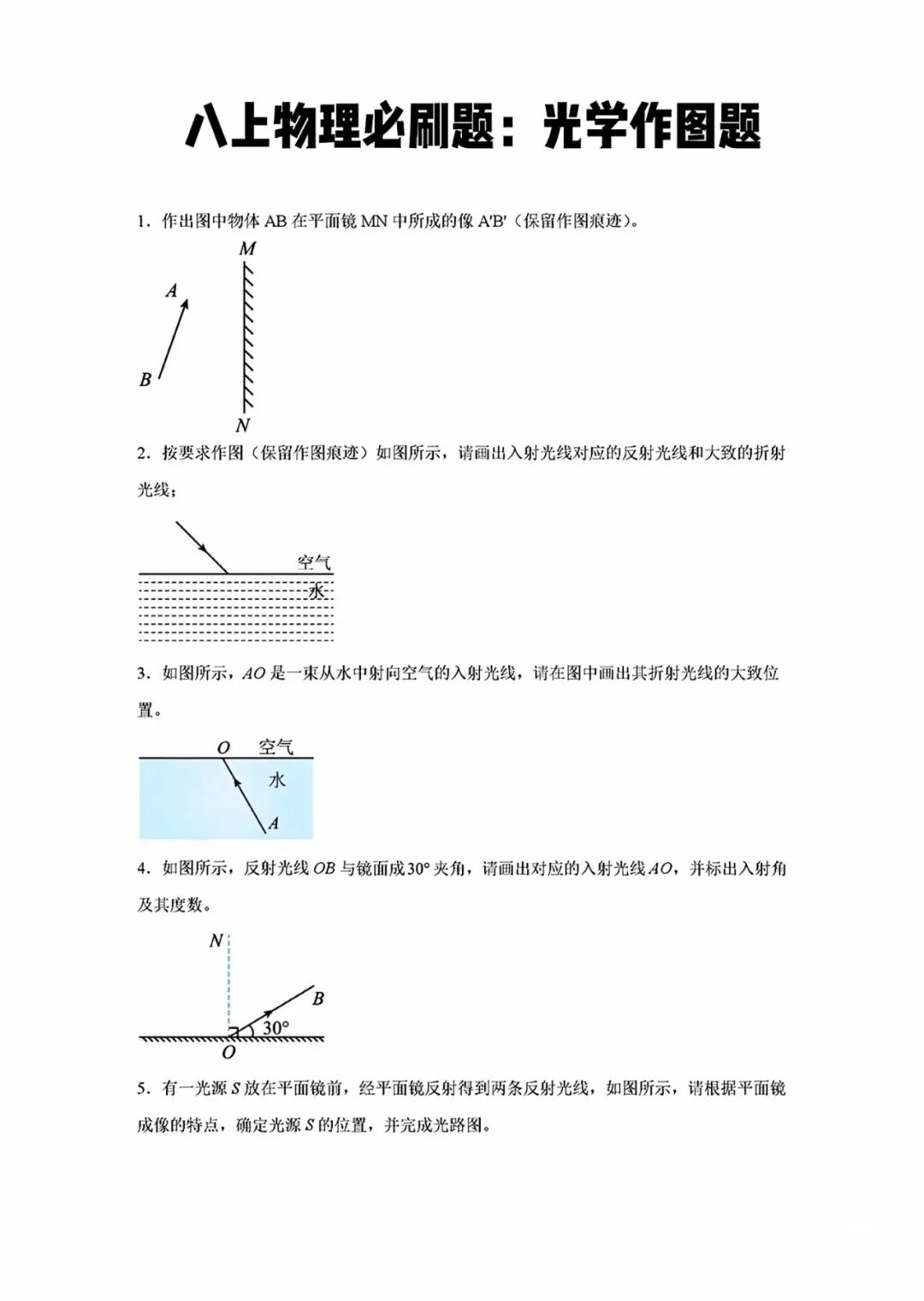人教版八年级上册物理：必刷题《光学作图题》专项练习（含答案）
