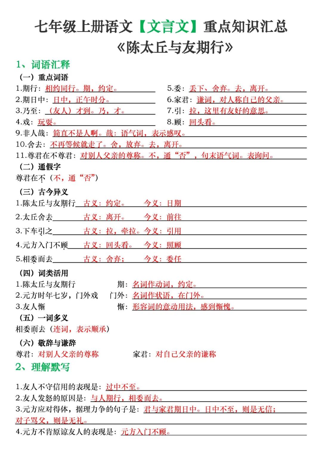 部编版七年级上册语文：课内文言文重点知识汇总
