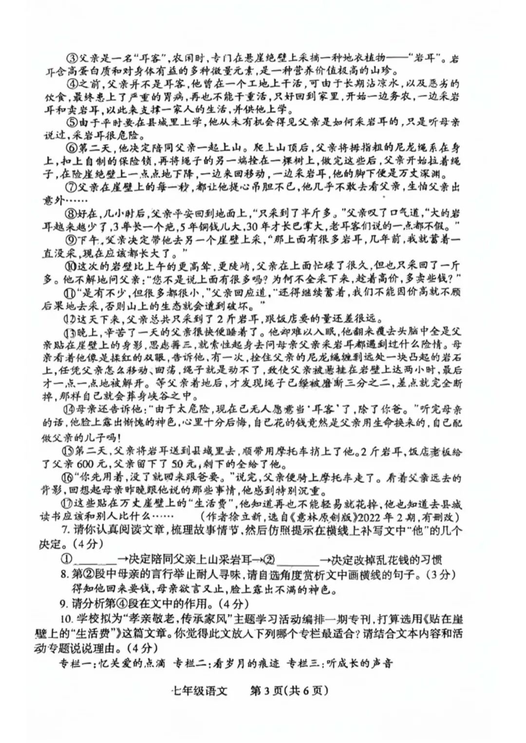 2024-2025学年部编版七年级下册语文：期末综合质量检测