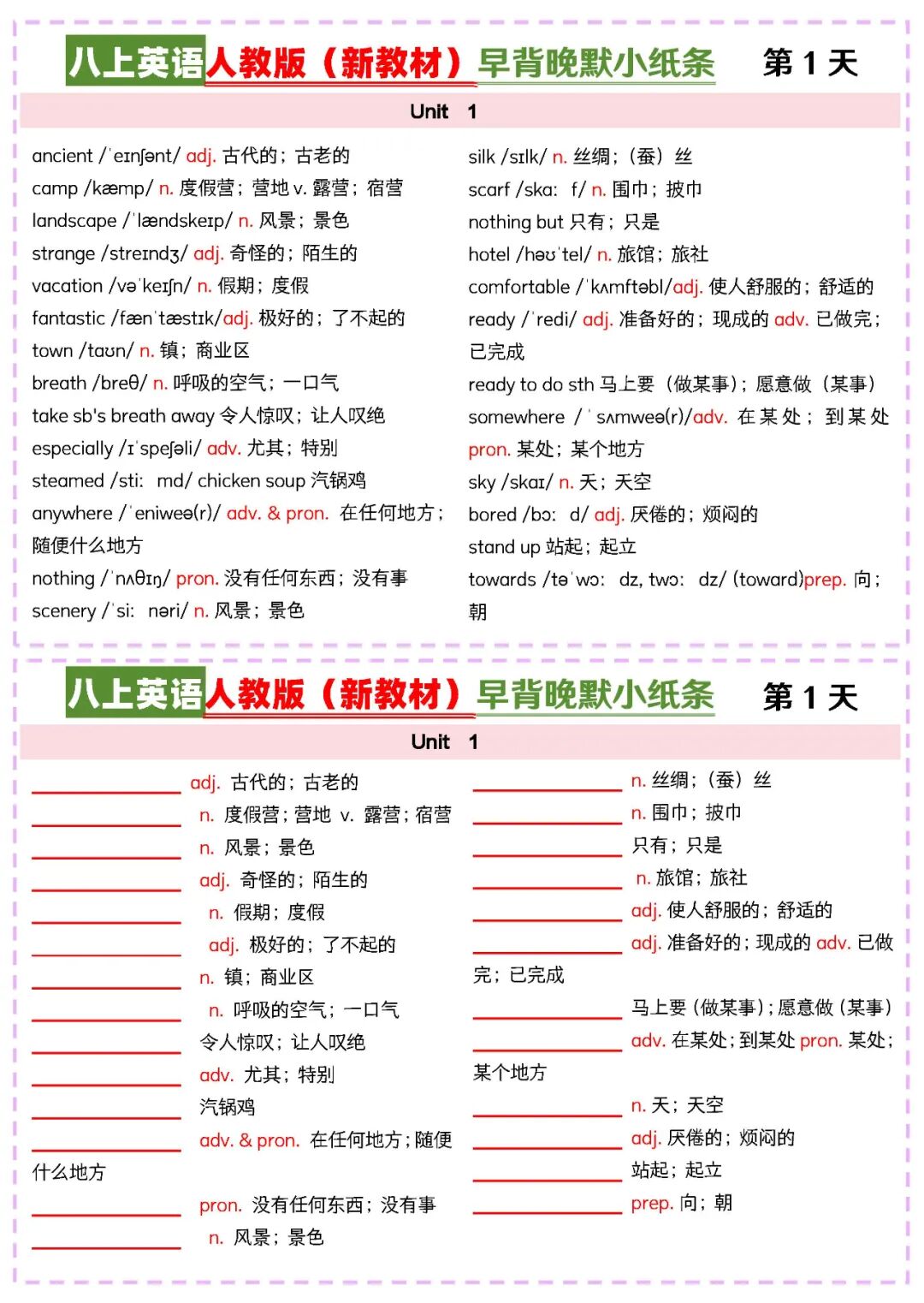 【2025秋】新人教版八年级上册英语：全册单词早背晚默小纸条