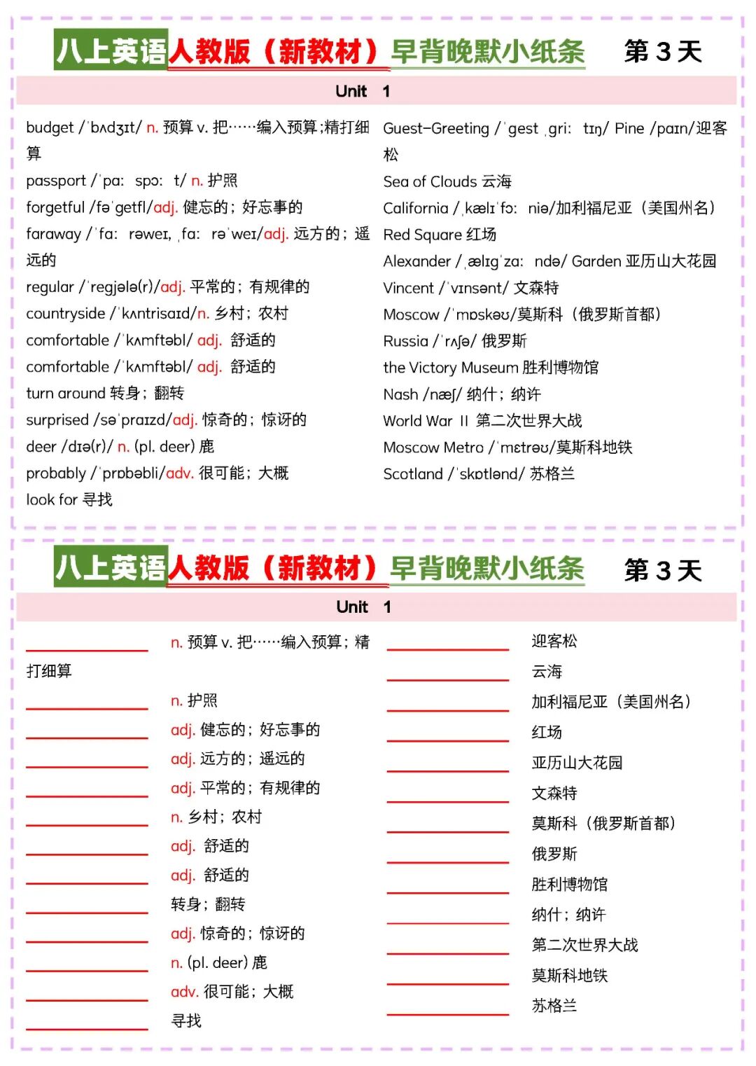 【2025秋】新人教版八年级上册英语：全册单词早背晚默小纸条