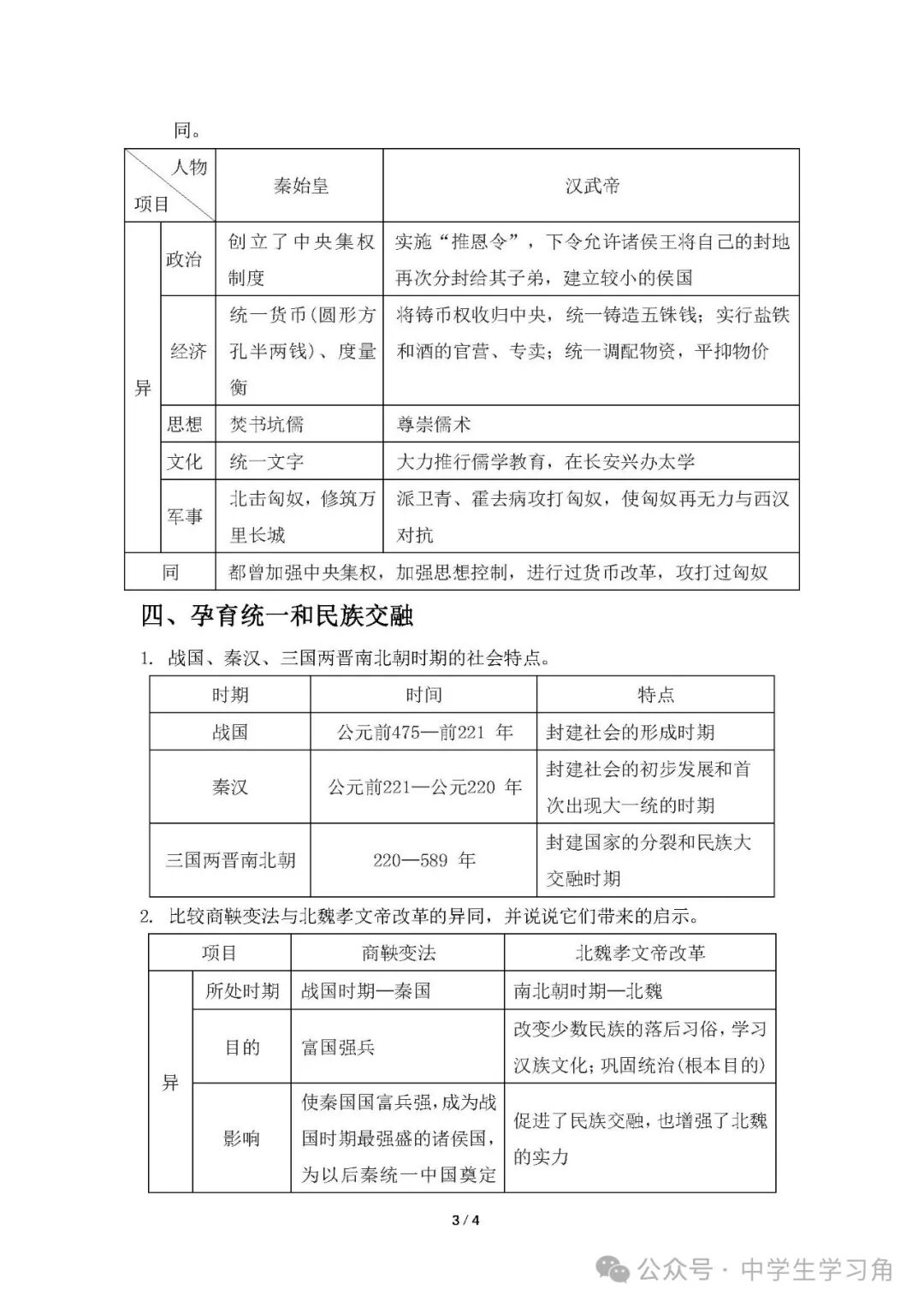 【最新版】人教版七年级上册历史：《重要知识点考点》总结