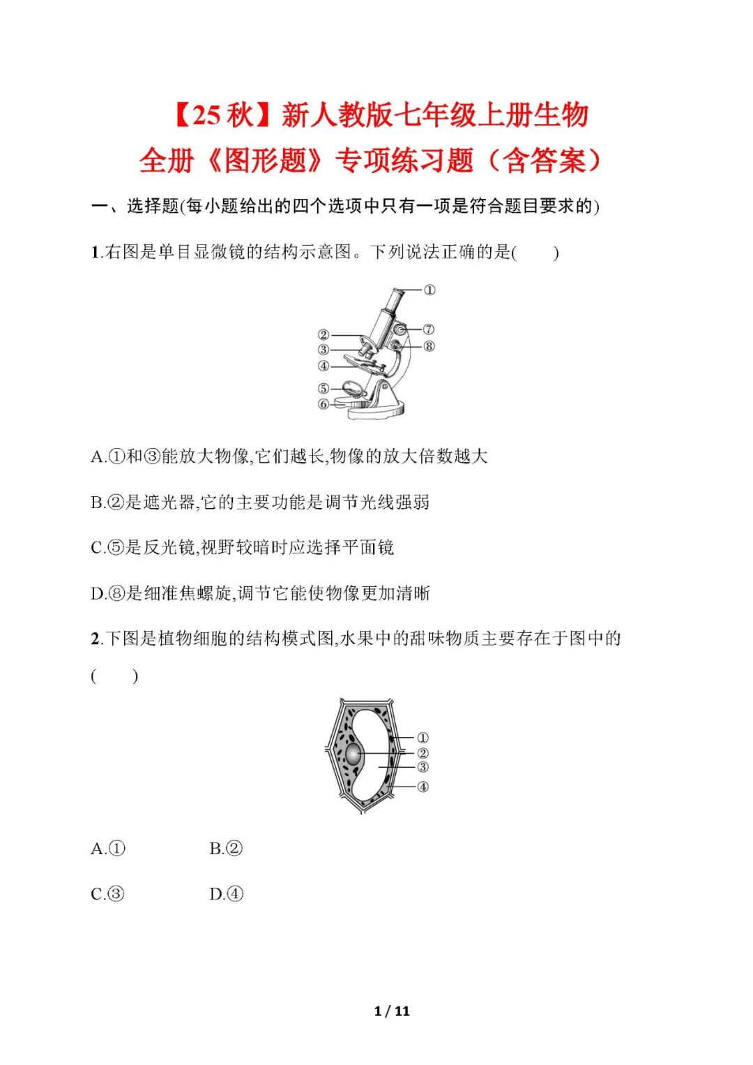 【25秋】新人教版七年级上册生物：全册《看图题》专项练习题（含答案）