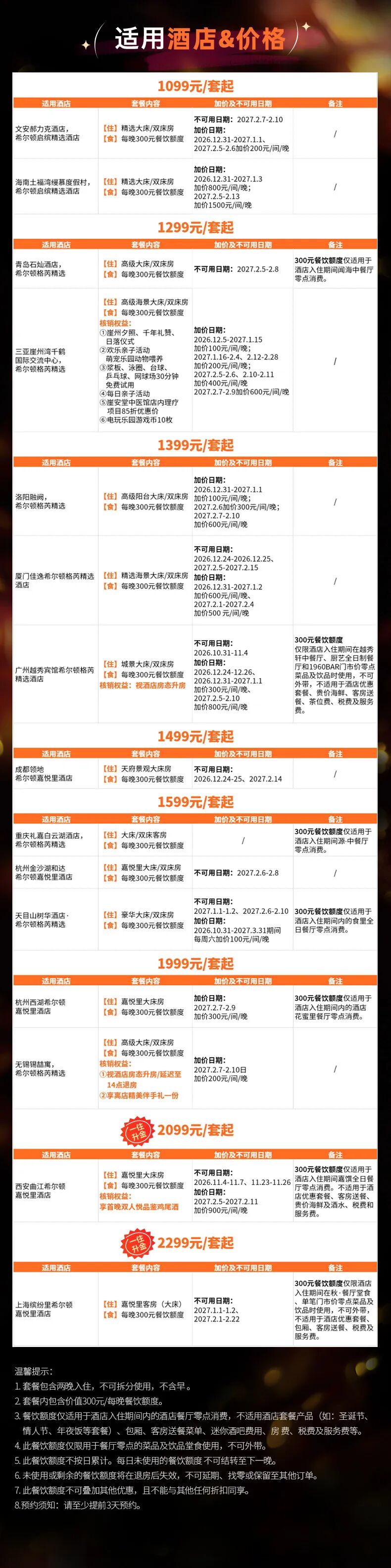 希尔顿双十一满3000减600券 全国套餐688元起至3月底