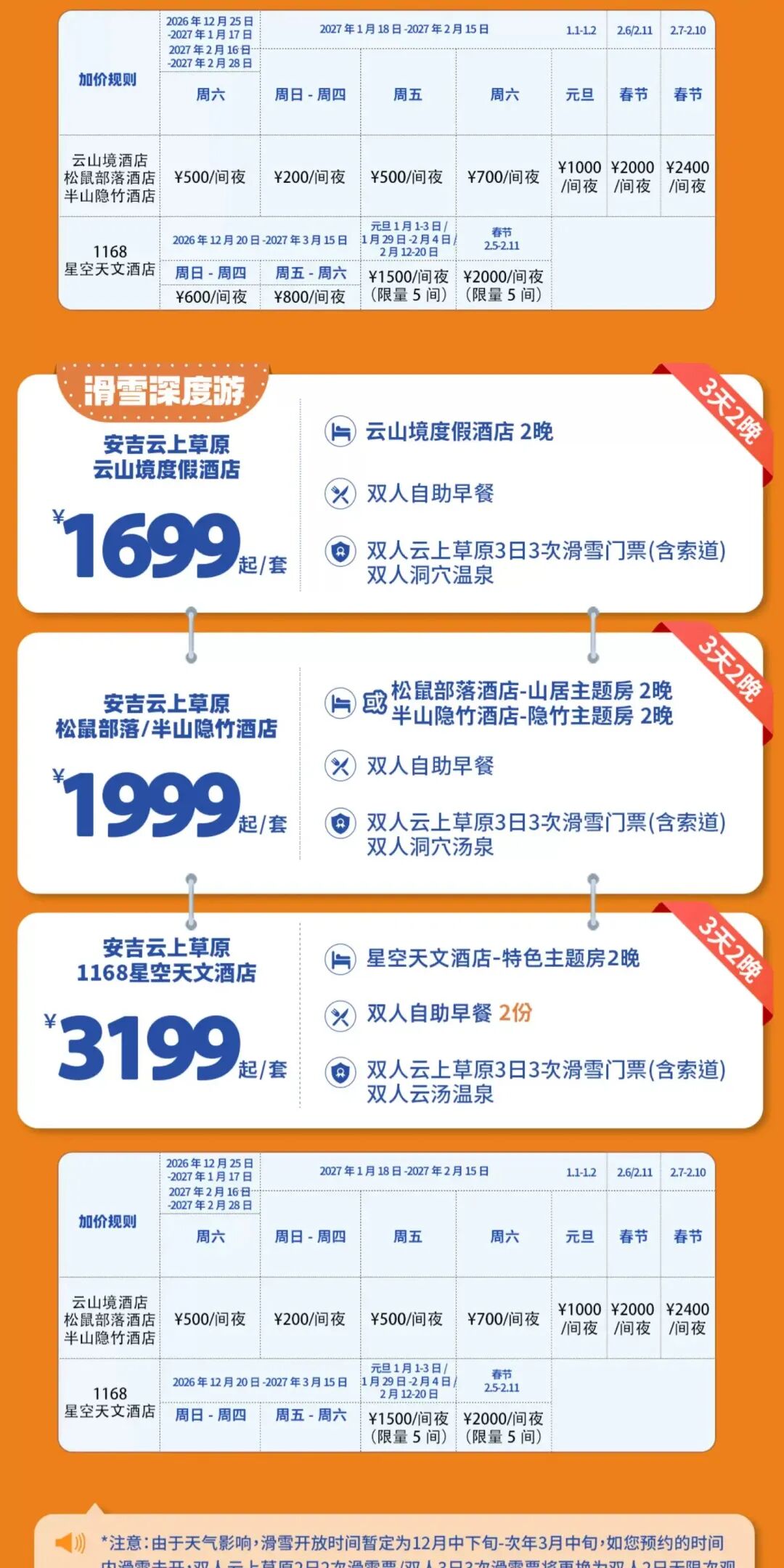 滑雪季10大雪场酒店套餐 398元起 周末不加价 囤至明年3月
