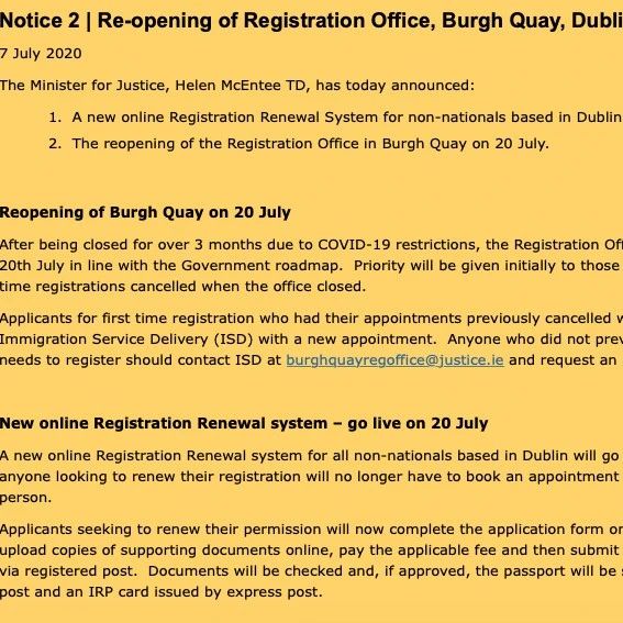 爱尔兰7月20日开放移民注册办公室，在线注册续签系统正式启用！