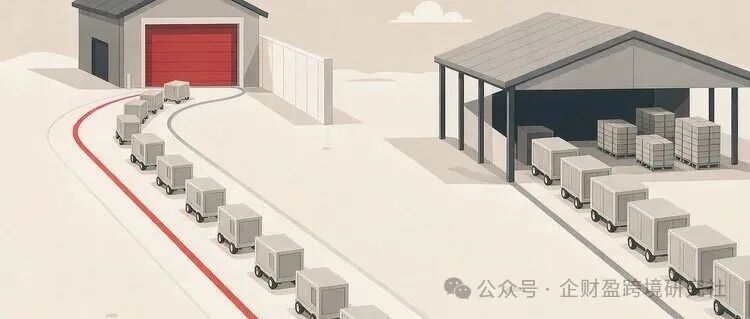 左侧小路通向一扇关闭的红色卷帘门，右侧货柜车列队驶入敞开的本地仓库