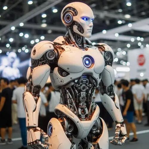 充满未来科技感的人形机器人在展会上展示