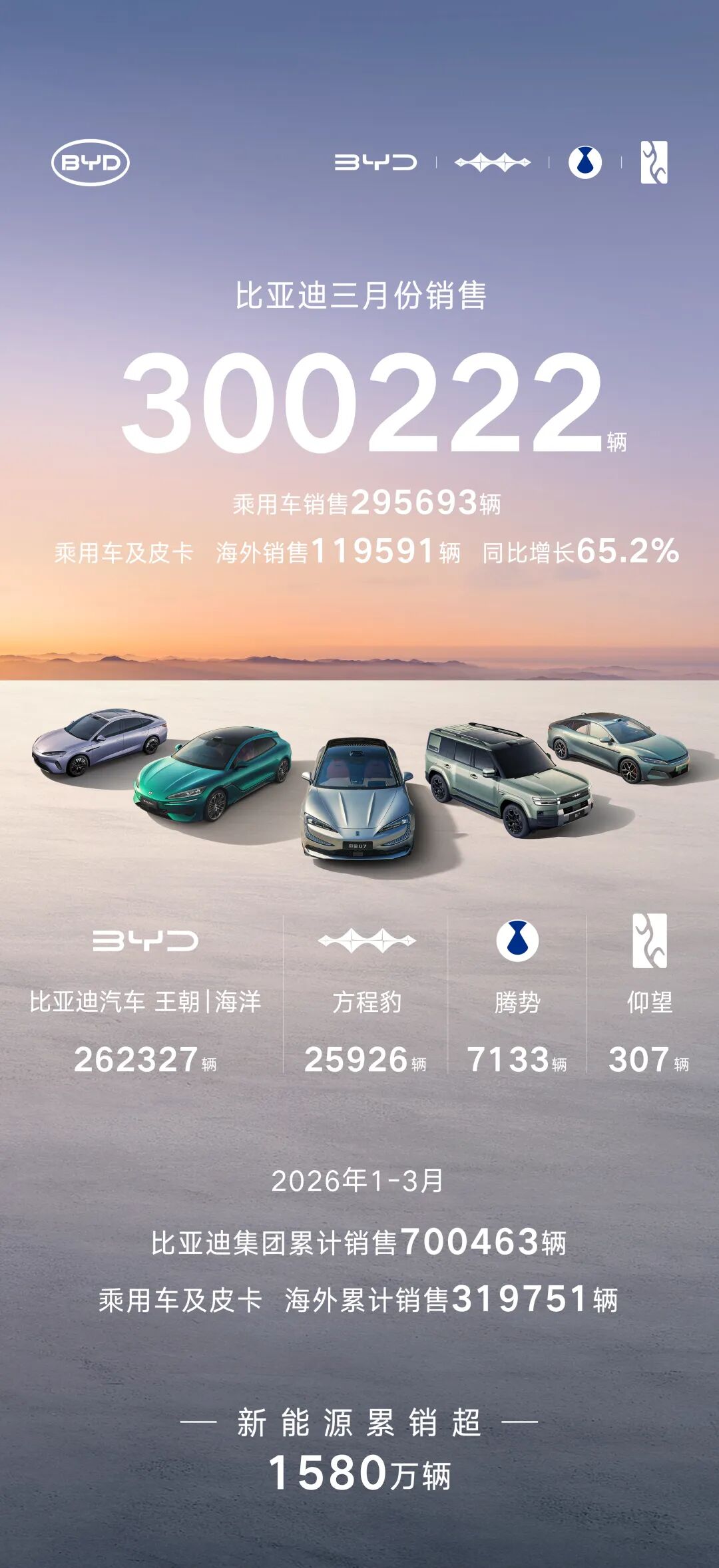 比亚迪3月份销售300222辆，获得中国车企销量冠军(图1)