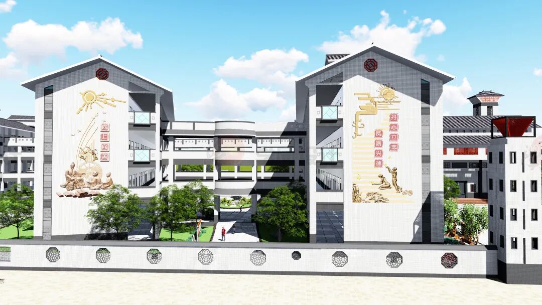 文化墙(独立墙体,建筑外墙)是以学校顶层文化内容为装饰元素对墙面