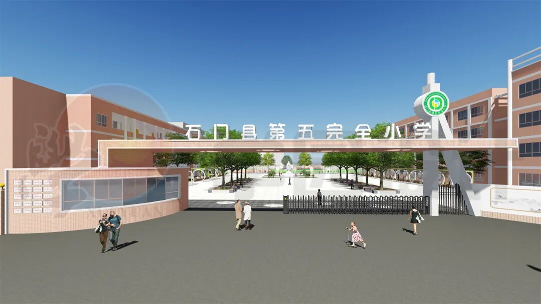 设计效果图校门右侧的门框,形似圆规(圆)或量角器(方),既为校徽的展示