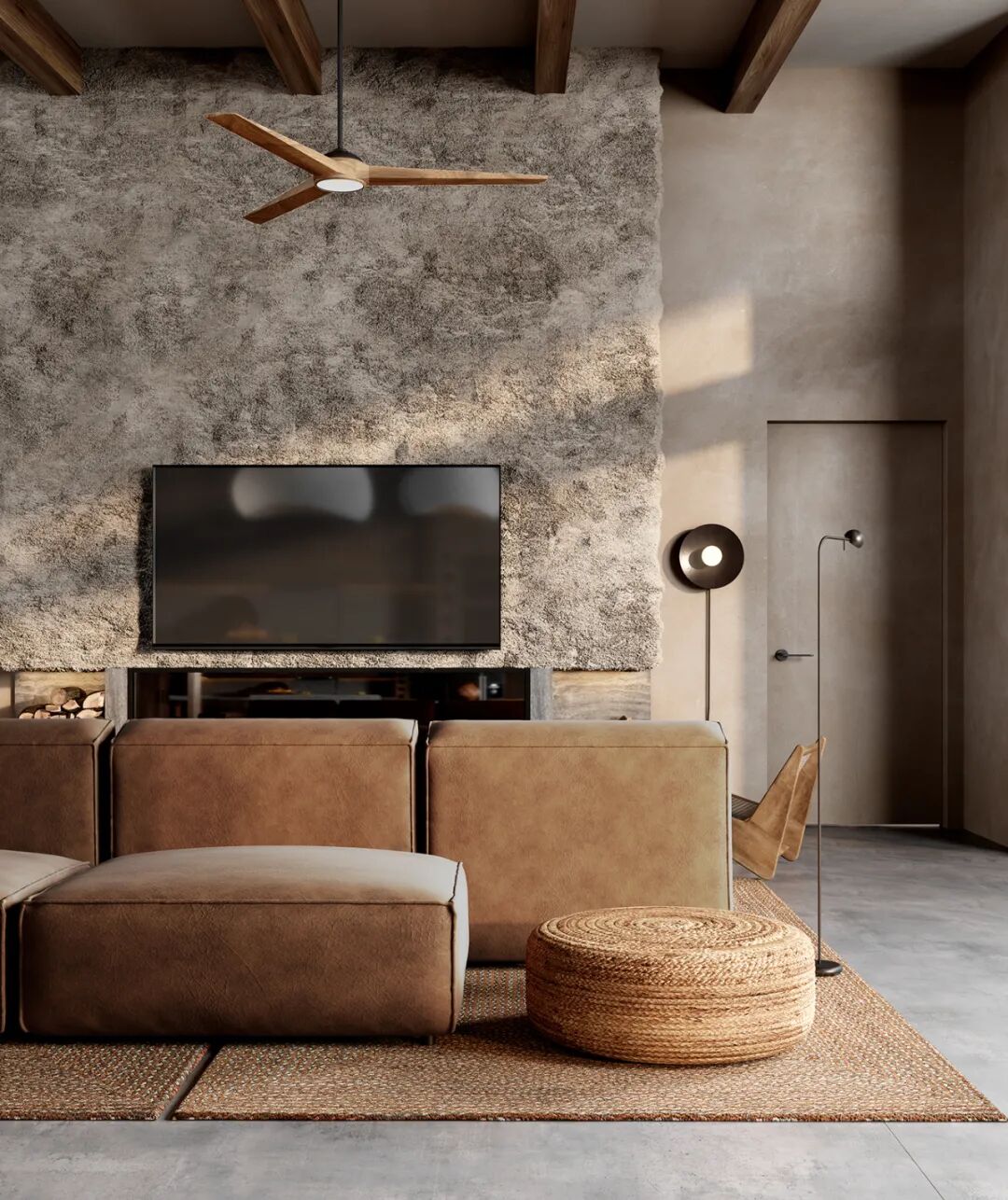 搭配暖灰色的混凝土墙面,不加修饰的纹理展现出侘寂风格的独特美感