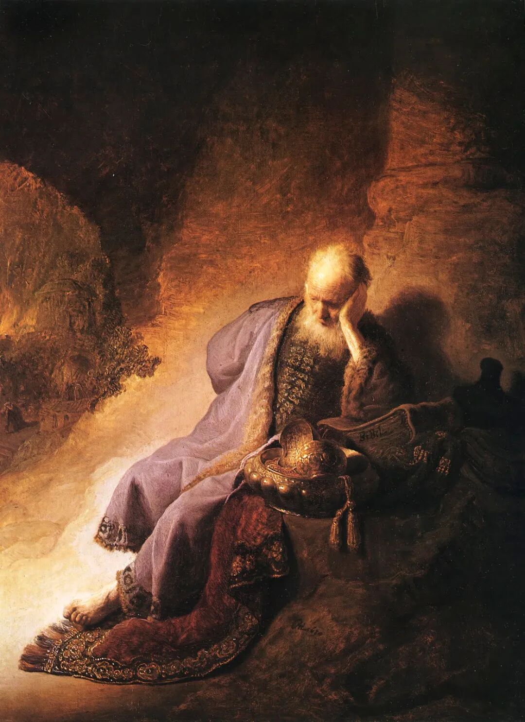 在「耶利米哀悼耶路撒冷的毁灭」中,面对从神殿抢救的圣杯和圣经,先知