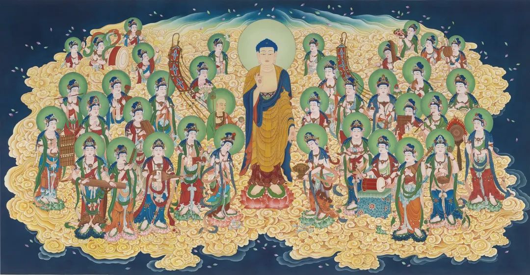 阿弥陀佛及圣众来迎图飘曳的白云上立阿弥陀佛,观音菩萨和大势至菩萨