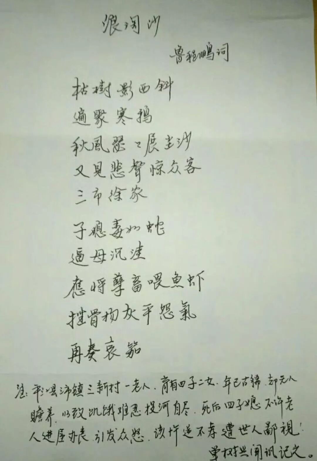 徐氏无能,教子无方,古稀之年,晚景凄凉,龙王召唤,飘往西方,孤魂何辜,不得入房?呜呼劣子无能,恶媳担当,为恶不悛,乡邻...