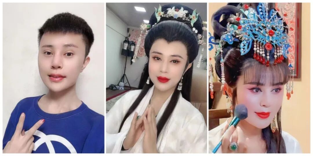 罗大美（左一）和他拍摄视频时的反串角色图。受访者供图